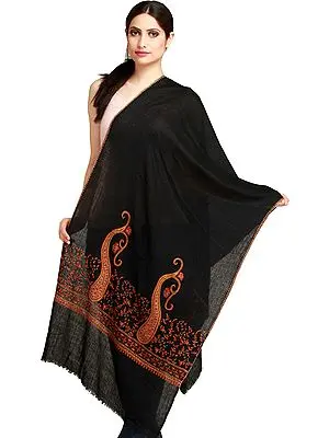 Caviar-Black Kashmiri Tusha Stole with Sozni Hand-Embroidery on Border