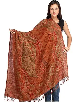 Green and Orange Reversible Jamawar Shawl from Amritsar with Woven Paisleys