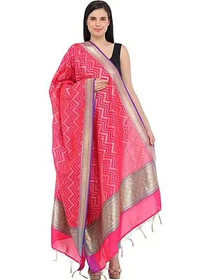 Raspberry-Sorbet Banarasi Brocaded Dupatta with Zigzag Weave and Tassels on Border