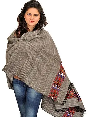 Gray Stole from Kullu with Thread-Weave and Kinnauri Woven Border