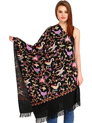 Jet-Black Stole from Kashmir with Aari Hand-Embroidered Birds and Butterflies