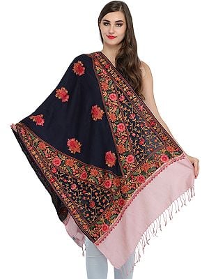 Double-Colored Aari Stole from Amritsar with Floral-Embroidery