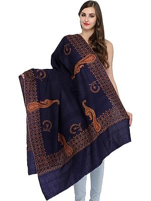 Patriot-Blue Tusha Shawl from Kashmir with Sozni Hand-Embroidery