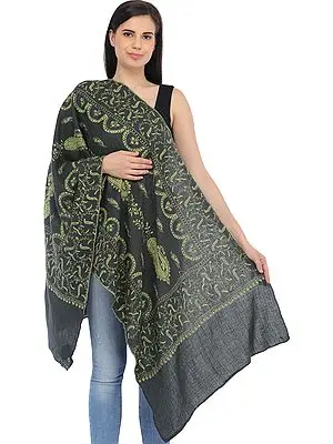 Gray and Green Sozni-Hand Embroidered Tusha Stole from Kashmir