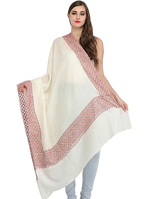 Ivory Tusha Shawl from Kashmir with Needle Hand-Embroidery on Border