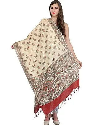 Cream and Brown Dupatta from Bengal with Madhubani Printed  Marriage Procession