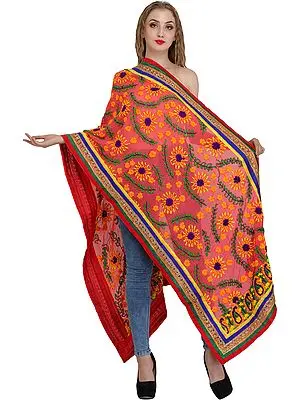 Sunkist-Coral Phulkari Stole from Punjab with Floral Hand-Embroidery and Patch Border