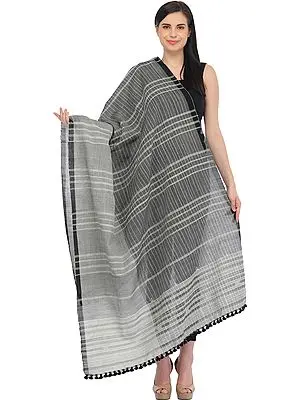 Black and Gray Shawl from Kutch with Woven Stripes
