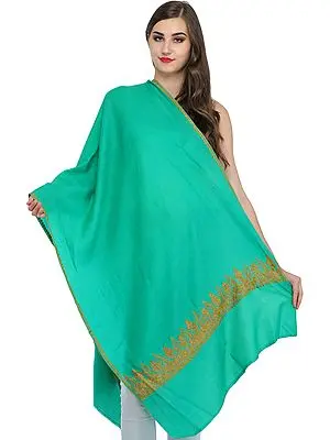 Plain Kashmiri Tusha Stole with Sozni Hand-Embroidered Paisleys on Border