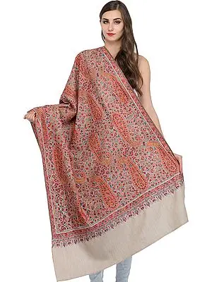 Whitecap-Gray Paisley Kashmiri Pure Pashmina Shawl with Papier Mache Hand-Embroidery All-Over | Takes around 1 year to complete | Handwoven