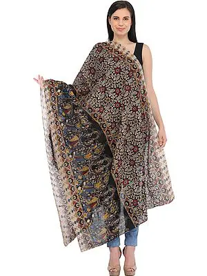 Black Kalamkari Hand-Painted Dupatta from Andhra Pradesh