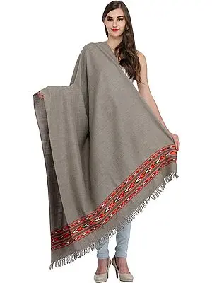 Goat-Gray Plain Shawl from Kullu with Kinnauri Woven Border