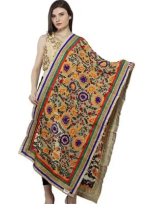 Hand-Embroidered Phulkari Stole from Punjab with Patch Border