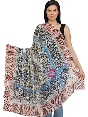 White Digital Printed Shawl with Animal Print