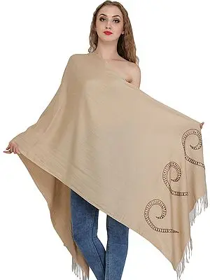 Shifting-Sand Cashmere Silk Stole from Nepal with Embroidered-Beads