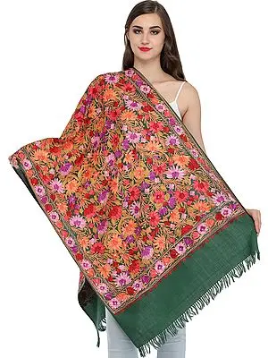 Myrtle-Green Aari Embroidered Stole from Kashmir