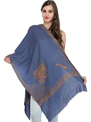 Folkstone-Gray Stole from Kashmir with Sozni Hand-Embroidered Paisleys