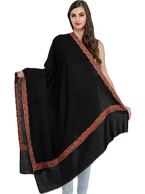 Jet-Black Plain Tusha Shawl from Kashmir with Sozni Hand-Embroidery on Border