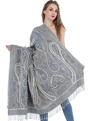Gray and Blue Jamawar Shawl with Woven Paisleys and Wool-Embroidery