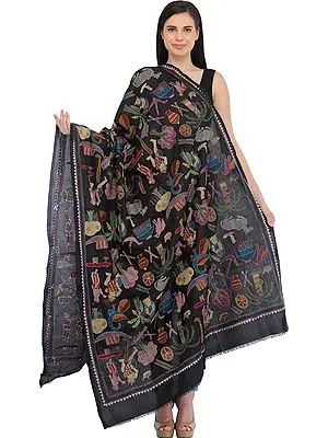 Black Kantha Dupatta from Kolkata with Hand-Embroidered Folk Motifs