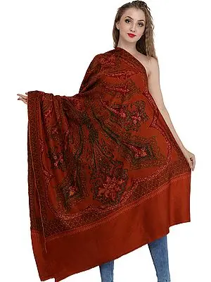 Tri-Colored Pashmina Shawl from Kashmir with Sozni Hand-Embroidery