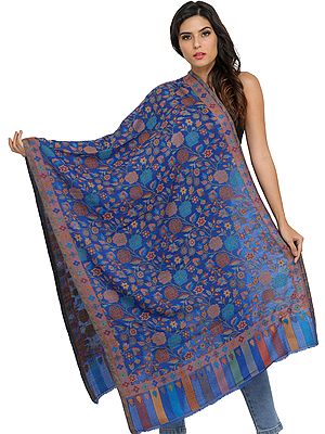 Dazzling-Blue Kani Jamawar Cashmere Stole with Woven Flowers