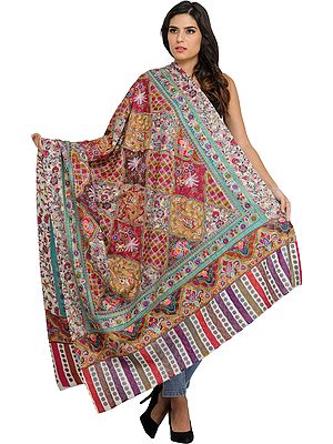 Multi-color Kalamkari Shawl from Amritsar with Dense Aari-Embroidery