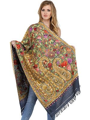 Folkstone-Gray Stole from Kashmir with Dense Aari-Hand Embroidery in Multi-color Thread