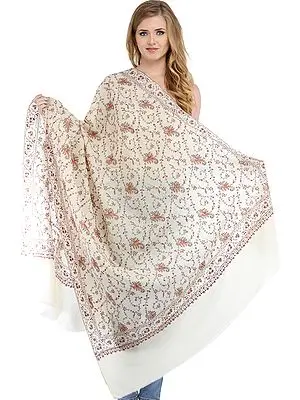 Ivory Tusha Shawl from Kashmir with Sozni-Embroidery by Hand
