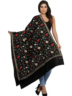 Jet-Black Shawl from Amritsar with Embroidered Flowers and Striped Border