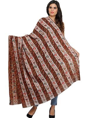Double-Colored Striped Kani Cashmere Shawl with Woven Lotuses