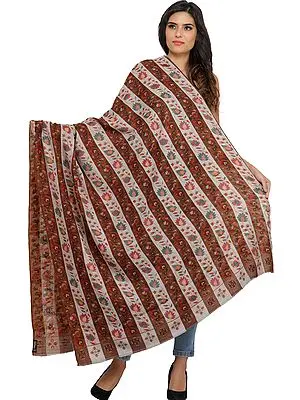 Double-Colored Striped Kani Cashmere Shawl with Woven Lotuses