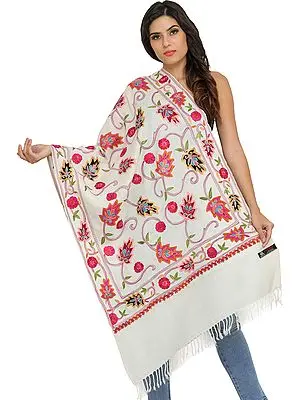 Off-White Stole from Amritsar with Aari-Embroidered Leaves