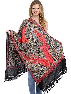Black Stole from Kashmir with Dense Aari-Hand Embroidered Paisleys