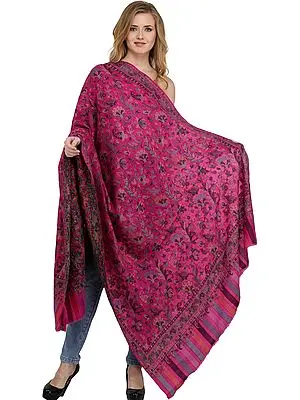 Raspbery-Rose Kani Pashmina Shawl from Amritsar with Woven Leaves