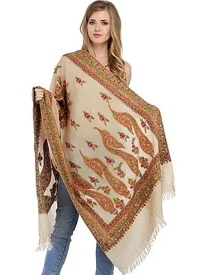Oyster-White Stole from Kashmir with Aari-Embroidery by Hand