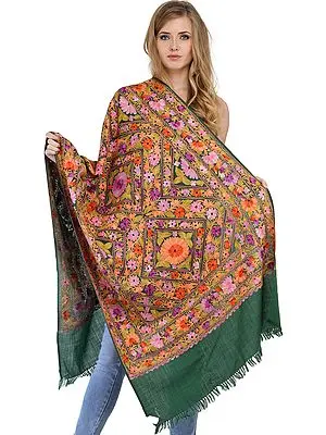 Smoke-Pine Stole from Kashmir with Aari-Embroidered Flowers