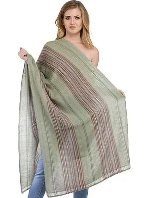 Fog-Green Cashmere Stole from Nepal with Woven Stripes