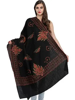 Jet-Black Tusha Shawl from Kashmir with Sozni Hand-Embroidered Chinar Leaves