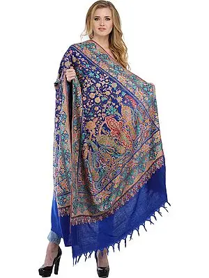 Dazzling-Blue Kashmiri Pure Pashmina Shawl with Papier-Mache Embroidery by Hand
