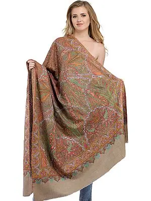 Feather-Grey Kashmiri Pure Pashmina Shawl with Kalamkari Hand-Embroidery All-Over | Takes around 1 year to complete | Handwoven