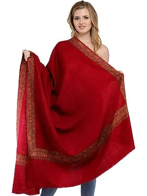 Maroon Plain Kashmiri Pashmina Shawl with Intricate Sozni Hand-Embroidery on Border