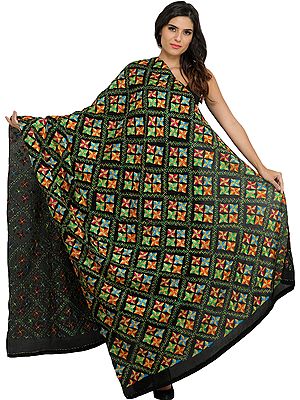 Phulkari Dupatta from Punjab with Hand-Embroidered Flowers All-Over
