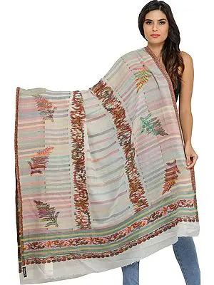 Ivory Kani Cashmere Shawl from Amritsar with Woven Leaves and Stripes