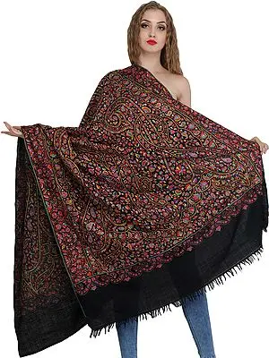 Black Pure Pashmina Shawl from Kashmir with Multi-Colored Kalamkari Embroidery by Hand