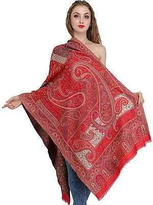 Tomato-Red Kani Jamawar Stole from Amritsar with Woven Paisleys