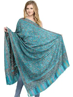 Blue-Bird Kani Pashmina Shawl from Amritsar with Woven Leaves