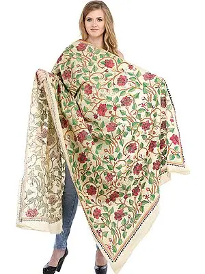 Mojave-Desert Kantha Dupatta with Hand-Embroidered Roses