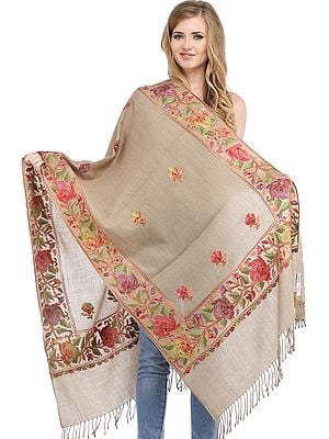 Plain Stole from Amritsar with Aari Floral Embroidery on Border