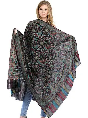 Jet-Black Kani Pashmina Shawl from Amritsar with Woven Leaves